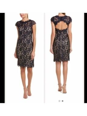 Monique Lhuillier Black Lace Cap Sleeve Backless Cocktail Dress Size 12